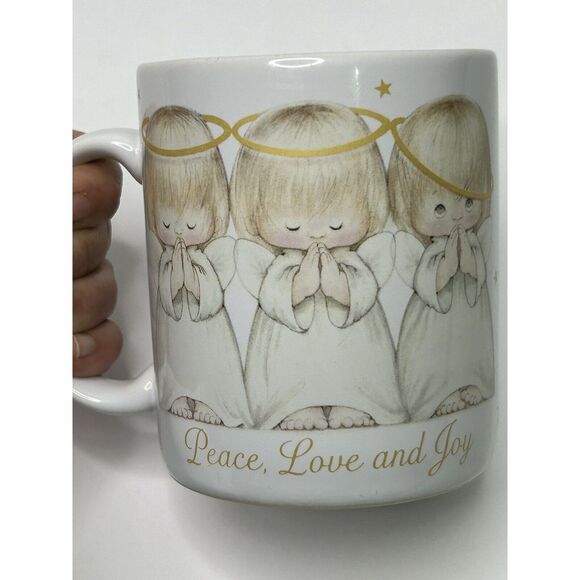 PEACE LOVE JOY Praying Angels Coffee Mug Cup Christmas White + Gold Color VTG - Picture 1 of 10